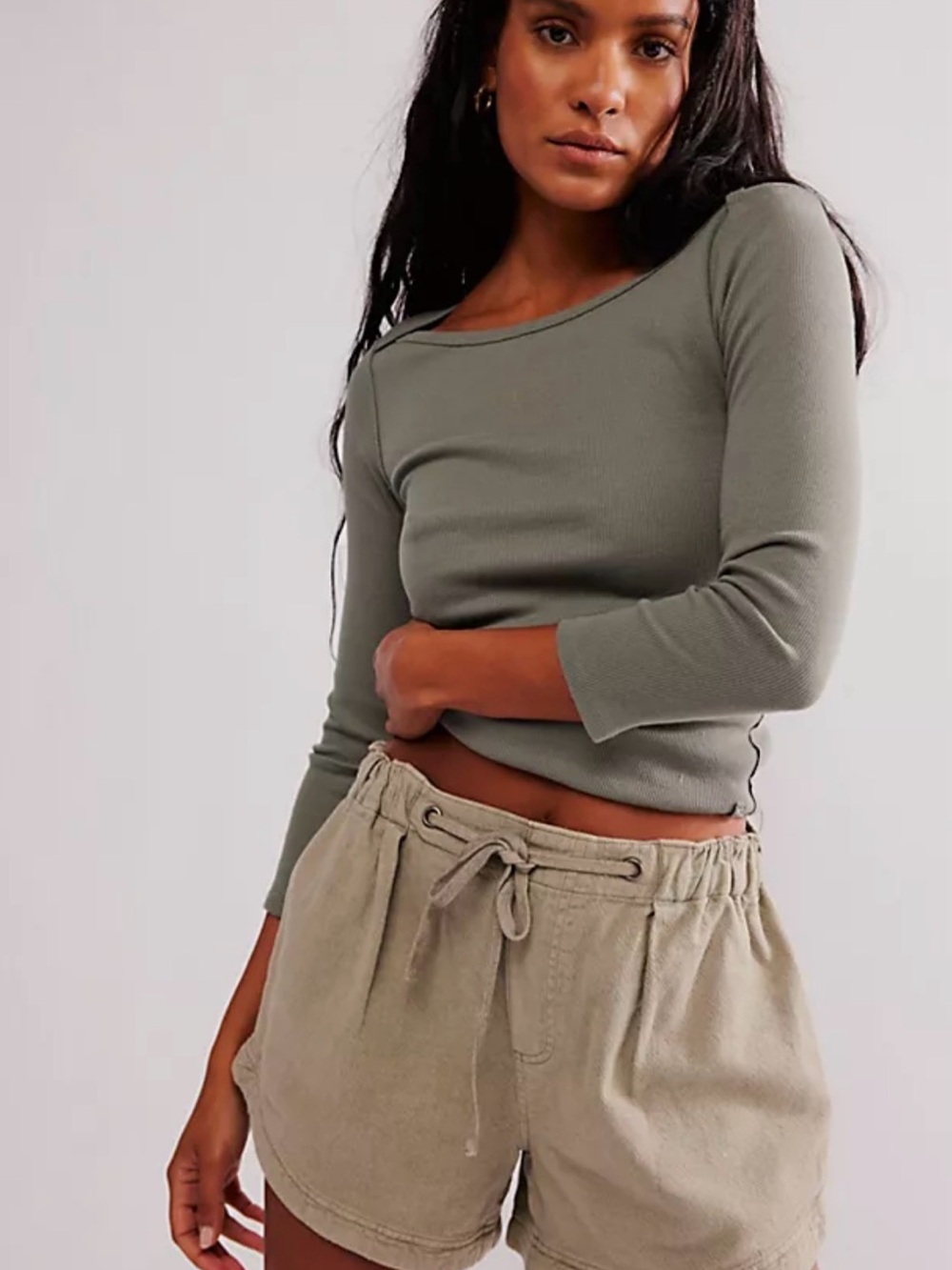 Free People Olive Ribbed Long Sleeve Crop Top